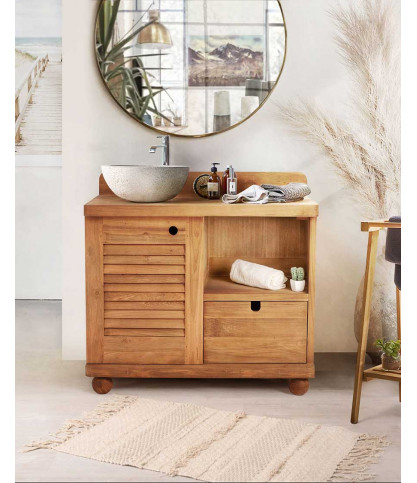 Eclipse - Meuble salle de bain en teck porte persienne 90 cm