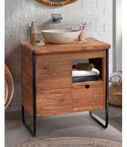 Azur - Petit meuble salle de bain industriel en teck et métal 70 cm