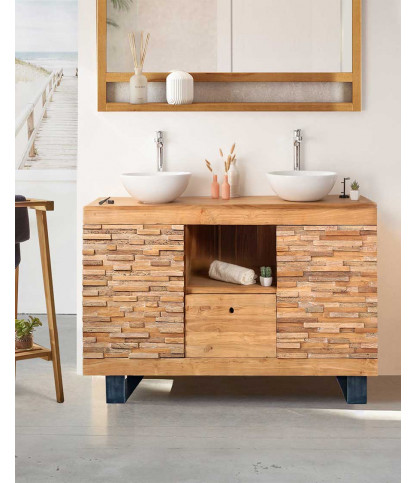 Néo - Meuble salle de bain en teck parqueté 140 cm