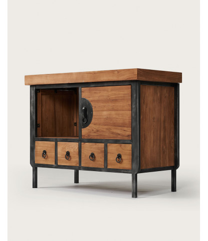 Samuraï - Petit meuble salle de bain industriel en teck et métal 80 cm