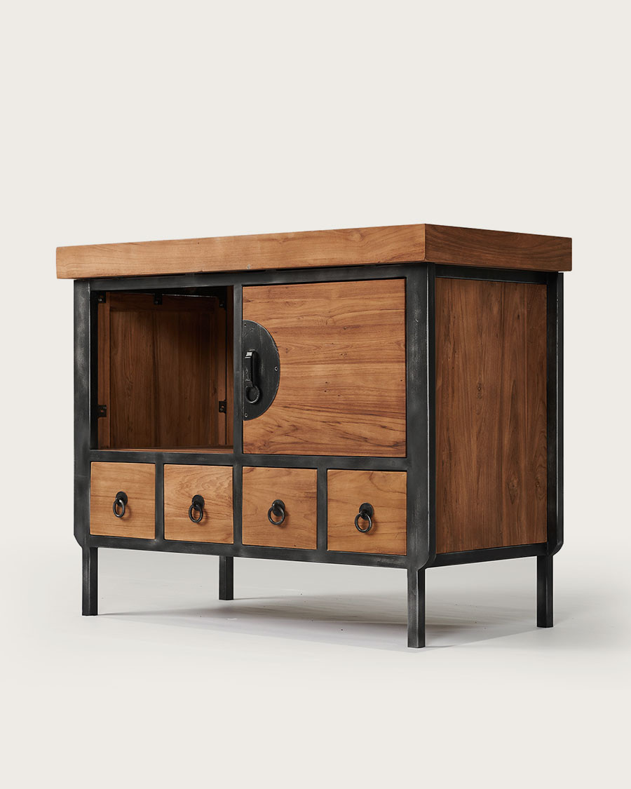 Samuraï - Petit meuble salle de bain industriel en teck et métal 80 cm