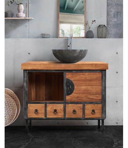Samuraï - Petit meuble salle de bain industriel en teck et métal 80 cm