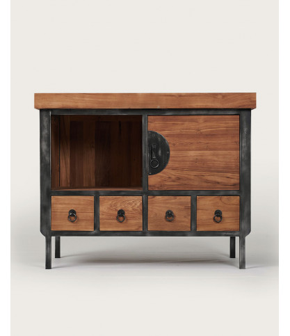 Samuraï - Petit meuble salle de bain industriel en teck et métal 80 cm