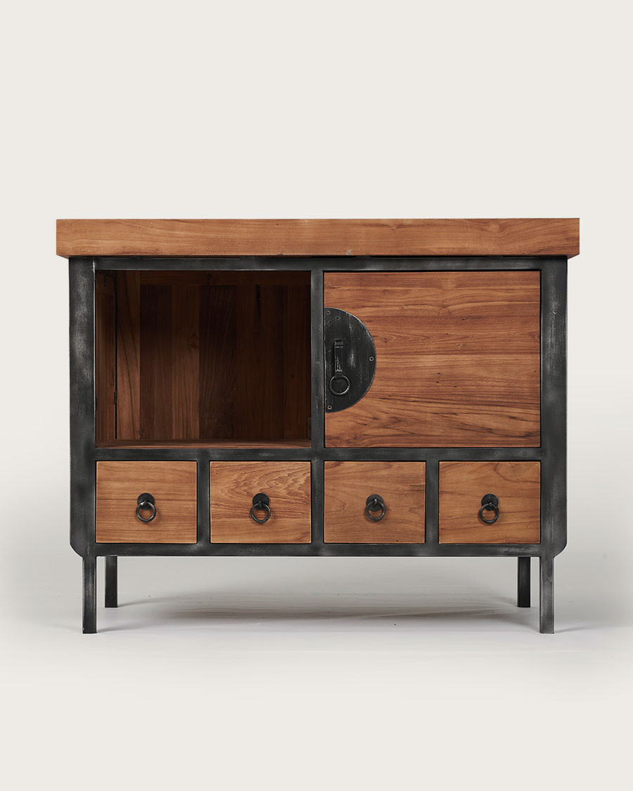 Samuraï - Petit meuble salle de bain industriel en teck et métal 80 cm