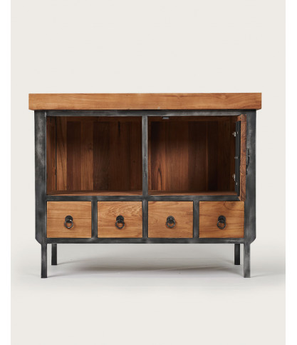 Samuraï - Petit meuble salle de bain industriel en teck et métal 80 cm