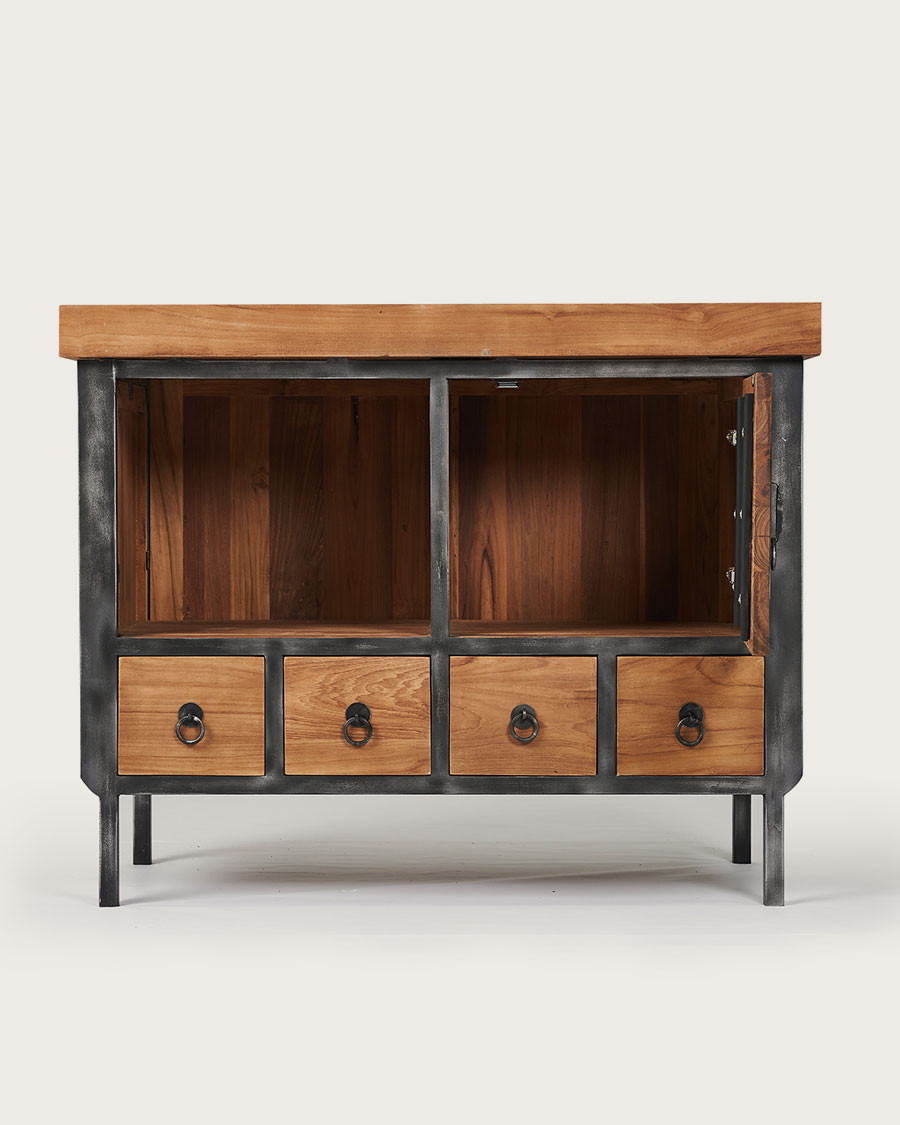 Samuraï - Petit meuble salle de bain industriel en teck et métal 80 cm