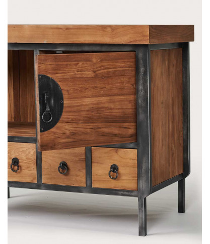 Samuraï - Petit meuble salle de bain industriel en teck et métal 80 cm