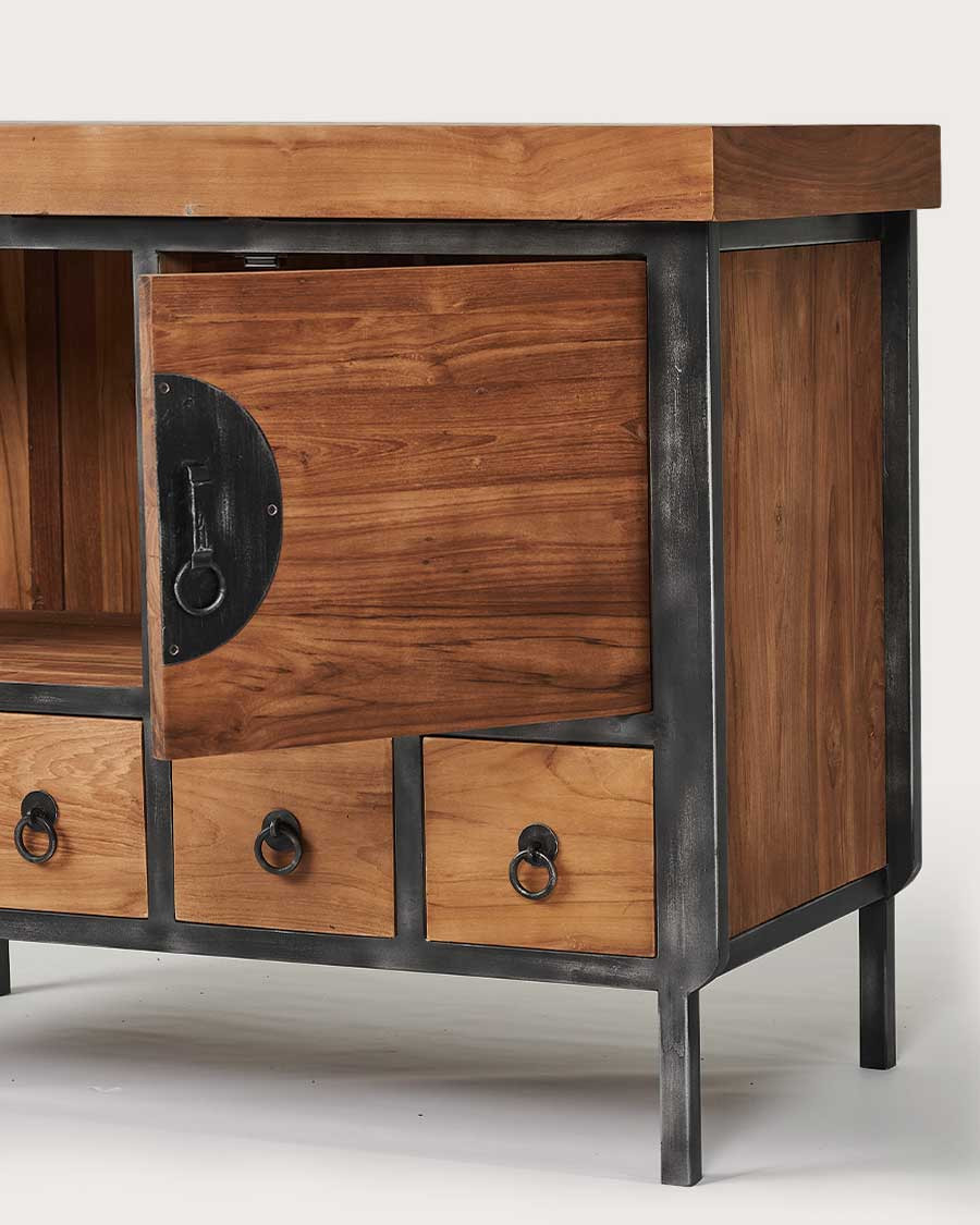 Samuraï - Petit meuble salle de bain industriel en teck et métal 80 cm