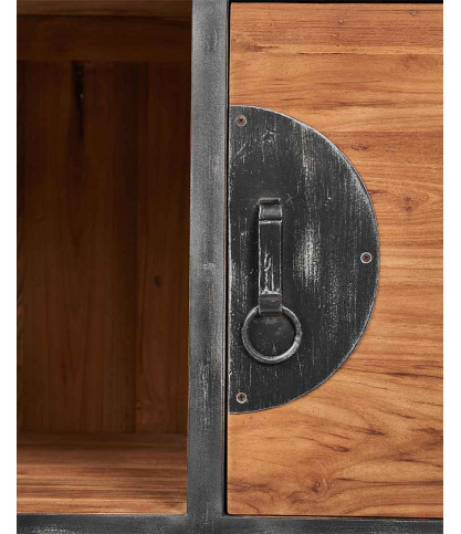 Samuraï - Petit meuble salle de bain industriel en teck et métal 80 cm