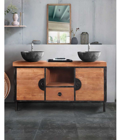 Samuraï - Meuble salle de bain industriel en teck et métal 160 cm