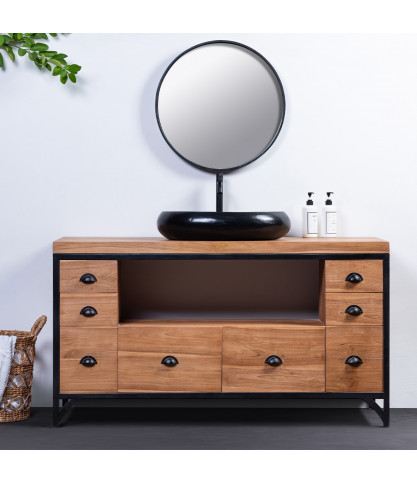 Jazz - Meuble salle de bain industriel en teck et métal 145 cm