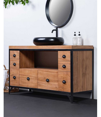 Jazz - Meuble salle de bain industriel en teck et métal 145 cm