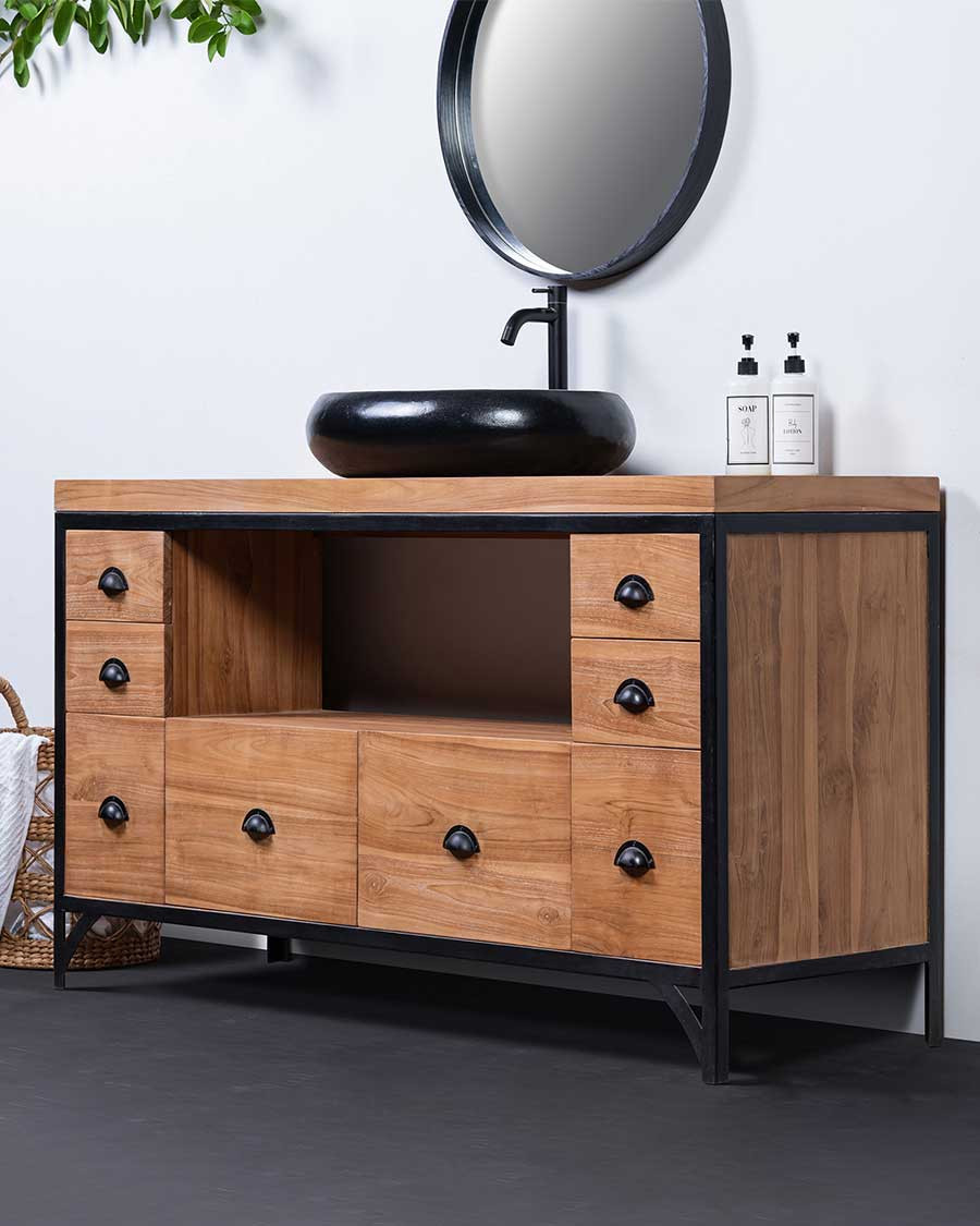 Jazz - Meuble salle de bain industriel en teck et métal 145 cm