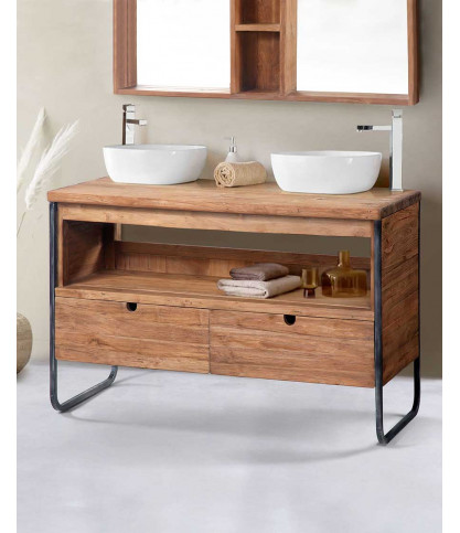 Azur - Meuble salle de bain industriel en teck et métal 120 cm