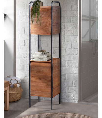 Azur - Colonne de salle de bain industrielle en teck et métal