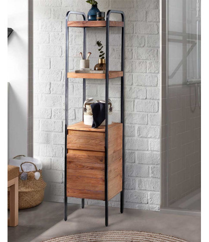 Azur - Colonne de salle de bain industrielle en teck et métal