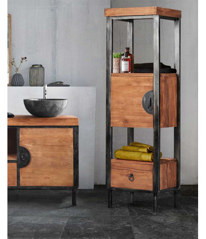 Samuraï - Colonne de salle de bain industrielle en teck et métal