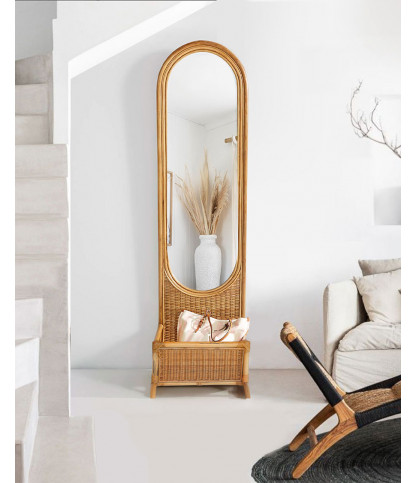 Prima - Miroir vertical en rotin tressé avec panier