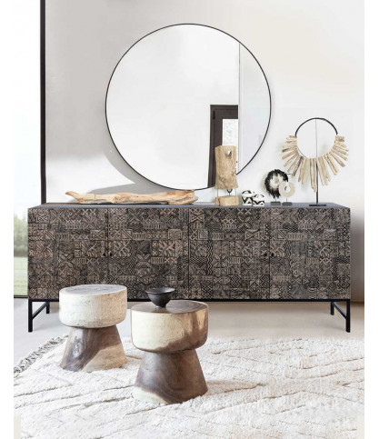 Hawaï - Buffet noir en bois de teck massif sculpté 200 cm