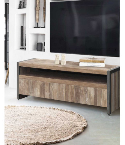 Arche - Meuble TV industriel en teck recyclé et métal noir 150 cm