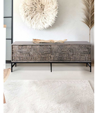 Hawaï - Meuble TV noir en manguier massif sculpté 160 cm