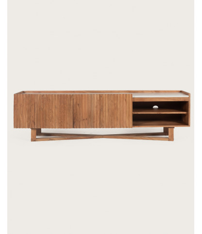 Endah - Meuble TV en Mindy massif et marbre blanc 175 cm