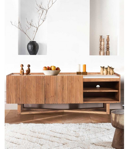 Endah - Meuble TV en Mindy massif et marbre blanc 175 cm