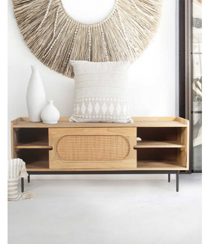Kali - Meuble tv en manguier massif et cannage 140 cm