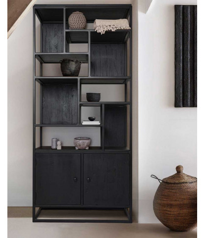 Como - Grande étagère industrielle en teck massif et métal noir