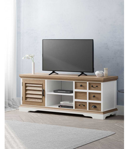 Inda - Meuble TV en Mindy massif blanc et naturel 140 cm