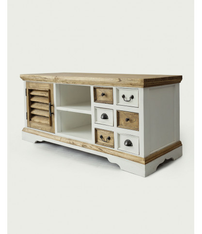 Inda - Meuble TV en Mindy massif blanc et naturel 140 cm