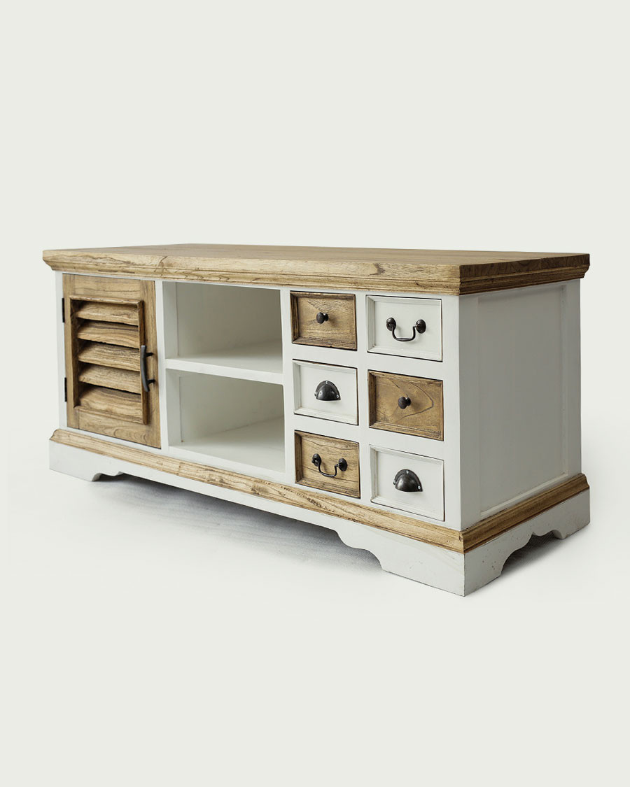 Inda - Meuble TV en Mindy massif blanc et naturel 140 cm