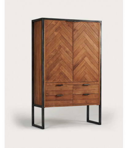 Kendari - Armoire industrielle en teck recyclé avec motif chevron et métal
