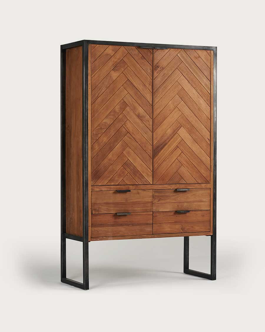 Kendari - Armoire industrielle en teck recyclé avec motif chevron et métal