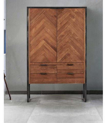 Kendari - Armoire industrielle en teck recyclé avec motif chevron et métal