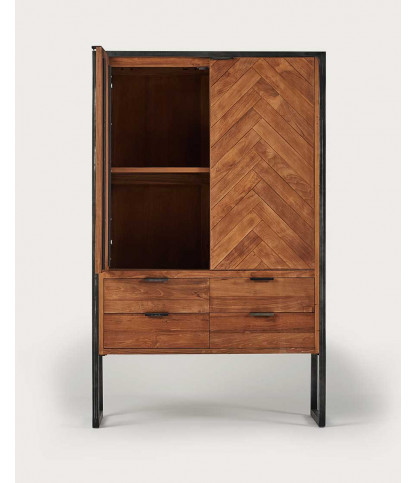Kendari - Armoire industrielle en teck recyclé avec motif chevron et métal