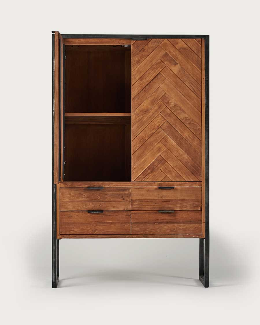 Kendari - Armoire industrielle en teck recyclé avec motif chevron et métal