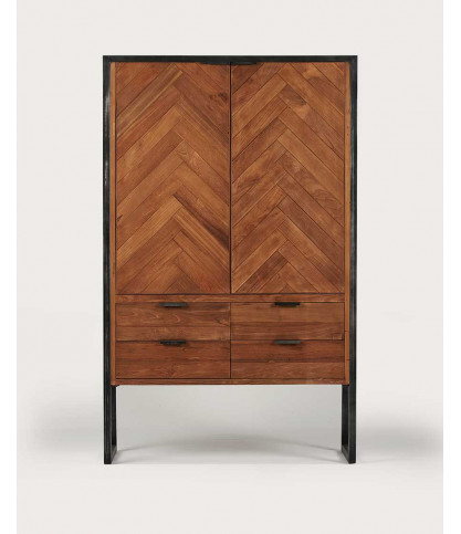 Kendari - Armoire industrielle en teck recyclé avec motif chevron et métal
