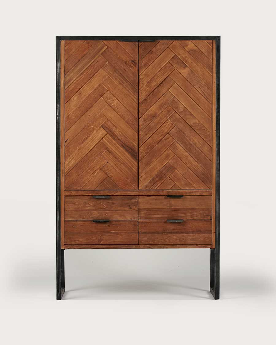 Kendari - Armoire industrielle en teck recyclé avec motif chevron et métal