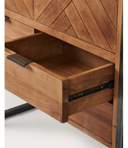 Kendari - Armoire industrielle en teck recyclé avec motif chevron et métal