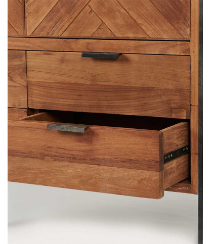 Kendari - Armoire industrielle en teck recyclé avec motif chevron et métal