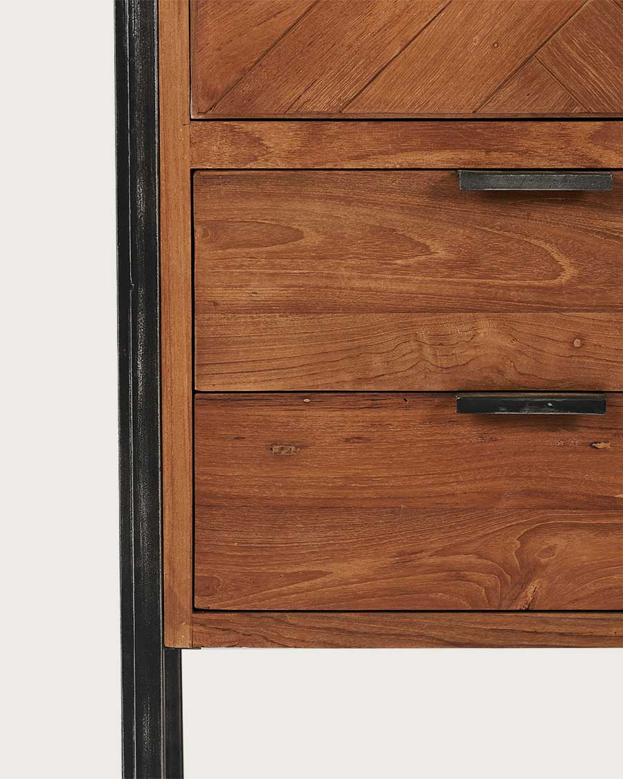 Kendari - Armoire industrielle en teck recyclé avec motif chevron et métal