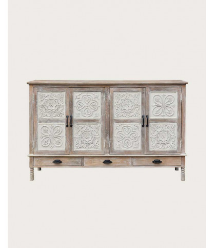 Mala - Buffet haut 4 portes en bois de manguier massif sculpté 160 cm