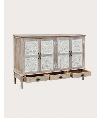 Mala - Buffet haut 4 portes en bois de manguier massif sculpté 160 cm