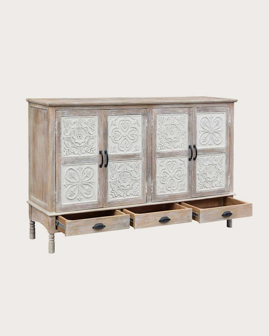 Mala - Buffet haut 4 portes en bois de manguier massif sculpté 160 cm