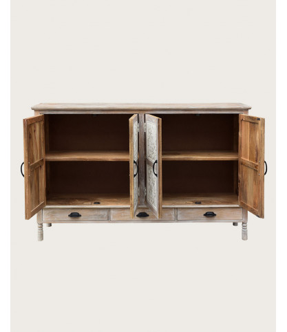 Mala - Buffet haut 4 portes en bois de manguier massif sculpté 160 cm