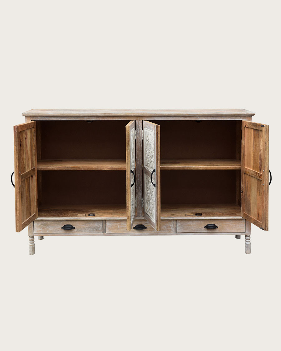 Mala - Buffet haut 4 portes en bois de manguier massif sculpté 160 cm