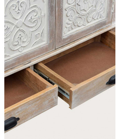 Mala - Buffet haut 4 portes en bois de manguier massif sculpté 160 cm