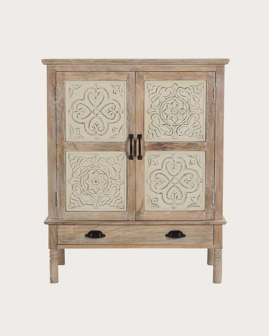 Mala - Buffet haut 2 portes en bois de manguier massif sculpté 85 cm