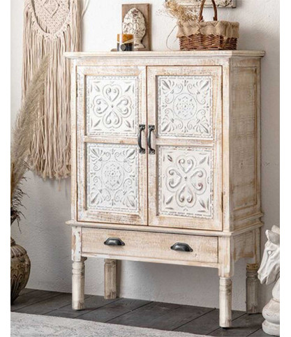 Mala - Buffet haut 2 portes en bois de manguier massif sculpté 85 cm